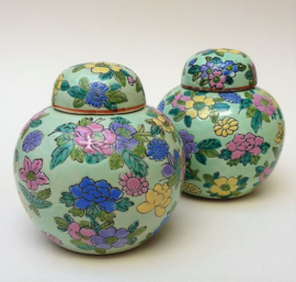 A pair of pastel green Chinese Millefleurs ginger jars