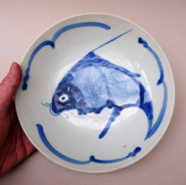 Chinese blue white porcelain Koi Carp bowl 23 cm