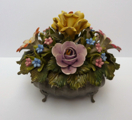 Capodimonte vintage centrepiece porcelain bouquet in pewter vase