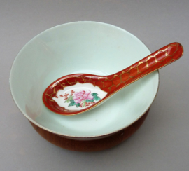 Chinese 1950 red porcelain bowl and spoon pink blossom and calligraphy