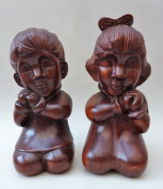 Dutch East Indies 1930 wood carved sculptures praying boy and girl