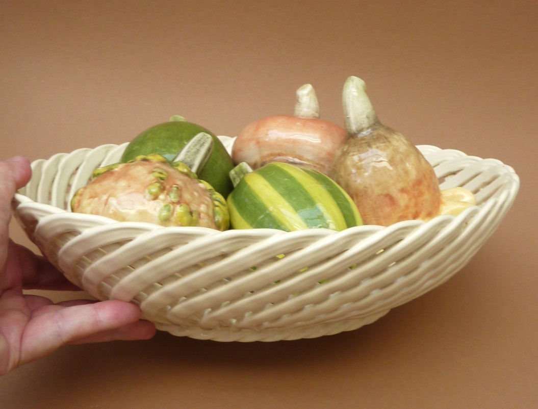 Italian ceramic wicker basket with decorative pumpkins