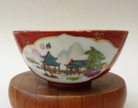 Chinese vintage red porcelain bowl landscape and calligraphy
