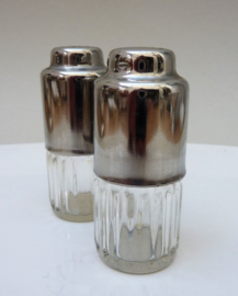 French Mid Century pressed glass salt and pepper shakers with chrome sprinkler cap