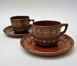 Creek Border Pottery Redware cups with saucers 19th century