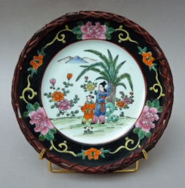 Japanese Showa Yamatoku plate in ratan frame