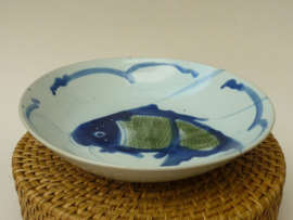 Antique Chinese blue green porcelain Koi fish bowl 22.5 cm