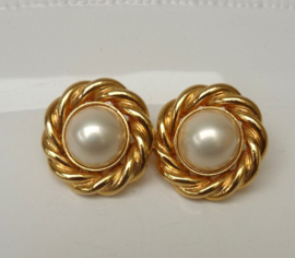 Marvella gold tone cabochon faux pearl pierced earrings