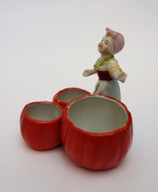 Antique German bisque porcelain girl figurine condiment set