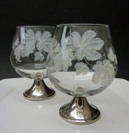 Brandy glasses with silver plated base and vine decoration