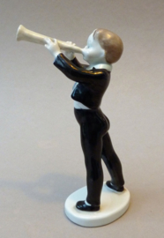 Hollohaza Hungary Kezzel Festett porcelain figurine trumpet playing boy