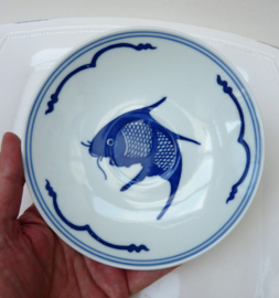 Chinese blue white Koi carp cup with saucer