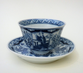 Antique Dutch Chinoiserie Long Eliza porcelain tea bowl with saucer