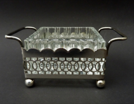 English pressed glass square dish in silver plated frame