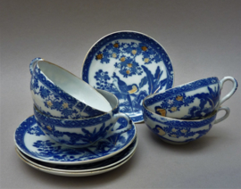 Japanese Meiji blue white transferware porcelain cups with saucer