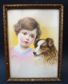 Brocante ingelijst dertiger jaren prentje van meisje met hond gesigneerd A Kollin