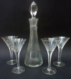 Crystal liqueur decanter and glasses around 1900