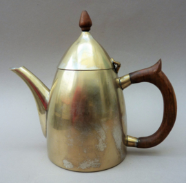 Art Deco worn silver plated teapot with wooden handle