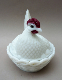 Vallerysthal antique opaline milk glass hen on nest butter dish