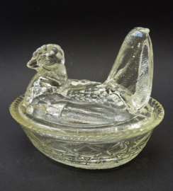 Antique Westmoreland pressed glass hen on nest butter dish