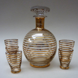 Mid Century gold stripe liqueur decanter with glasses