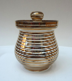 Mid Century goud gestreepte glazen jampot met deksel