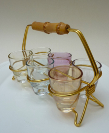 Mid Century Modern liqueur glasses in bamboo handled carrier
