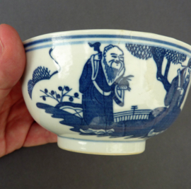 Chinese blauw wit porseleinen kom Fu Lu Shou decor