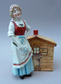 Antique German porcelain figural tobacco jar Bavarian woman mountain cabin