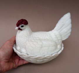 Vallerysthal antique opaline milk glass hen on nest butter dish