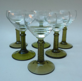 Crystal Art Deco roemer wine glasses with green ribbed stem