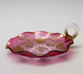 Moser cranberry glas goud emaille bonbonschaaltje 19e eeuw