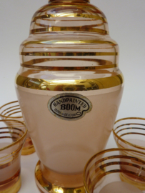 De Rupel Boom Mid Century pink and gold liqueur decanter set