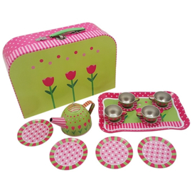 Tinnen theeserviesje roze/groen met koffertje