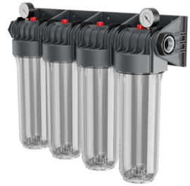 Euro-Fil 4 x 10" filterhuis met sleutel en support en 2 drukmeters