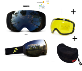 Skibril met EXTRA magnetische lens All black frame Zwart AX type 1 Cat. 0 tot 4 - ☀/☁
