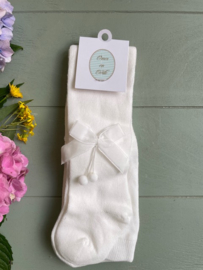 Kousenbroek met velvet strik en pomponnetjes - Wit