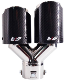 Simoni Racing Uitlaatsierstuk Dubbel Rechts Rond/Schuin RVS & Carbon - Ø92xL215-230mm - Montage ->40-63mm