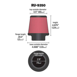 K&N Universeel Luchtfilter Konisch 70mm aansluiting, 119mm onder, 89mm top, 124mm hoogte (RU-9350)