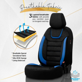 Universele Suede/Leder/Stoffen Stoelhoezenset 'Iconic' Zwart/Blauw - 11-delig - geschikt voor Side-Airbags