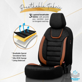 Universele Suede/Leder/Stoffen Stoelhoezenset 'Iconic' Zwart/Terracotta - 11-delig - geschikt voor Side-Airbags