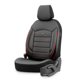 Universele Volleder Stoelhoezenset 'Inspire' Zwart + Rode rand - 11-delig - geschikt voor Side-Airbags