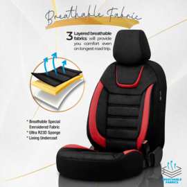 Universele Suede/Leder/Stoffen Stoelhoezenset 'Iconic' Zwart/Rood - 11-delig - geschikt voor Side-Airbags