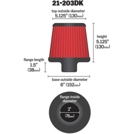 AEM Universeel Luchtfilter Dryflow Short Neck - Tapered - Ø76mm - 152/130x130mm