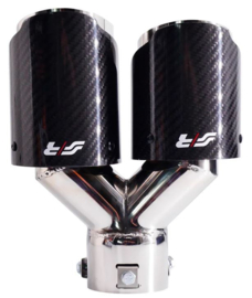 Simoni Racing Uitlaatsierstuk Dubbel Links Rond/Schuin RVS & Carbon - Ø92xL215-230mm - Montage ->40-63mm