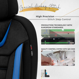 Universele Suede/Leder/Stoffen Stoelhoezenset 'Iconic' Zwart/Blauw - 11-delig - geschikt voor Side-Airbags