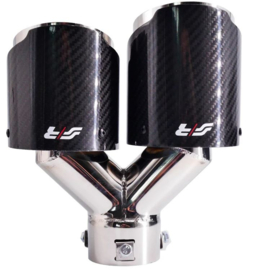 Simoni Racing Uitlaatsierstuk Dubbel Rechts Rond/Schuin RVS & Carbon - Ø102xL215-230mm - Montage ->40-63mm