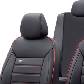 Universele Volleder Stoelhoezenset 'Premium' Zwart + Rode rand - 11-delig - geschikt voor Side-Airbags