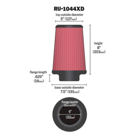 K&N Universeel Luchtfilter Konisch 152mm aansluiting, 190mm onder, 127mm top, 203mm hoogte Extreme Duty (RU-1044XD)