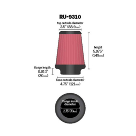 K&N Universeel Luchtfilter Konisch 70mm aansluiting, 121mm onder, 89mm top, 149mm hoogte (RU-9310)